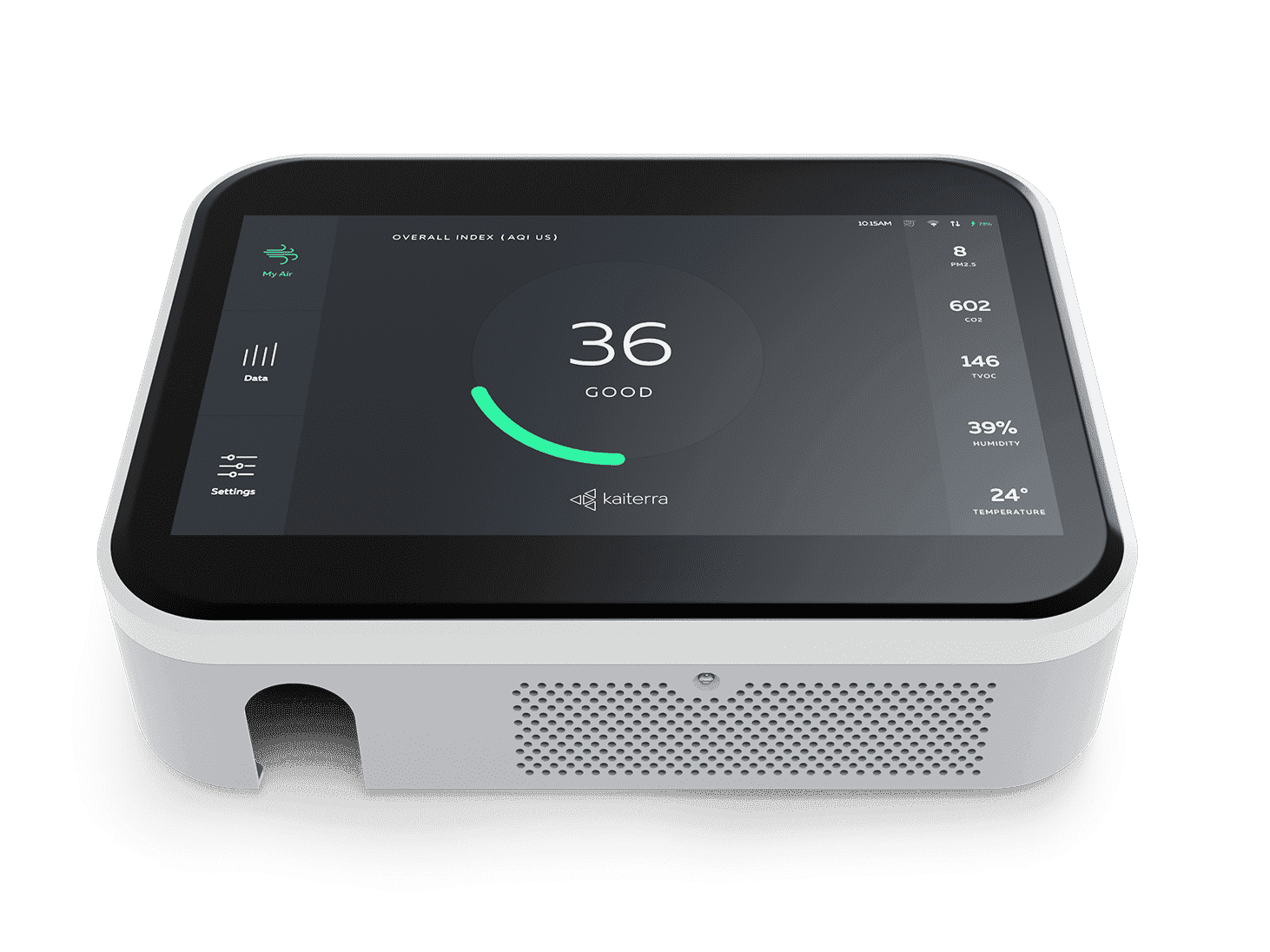 Sensedge IQ monitor's stunning display showing real time air quality 